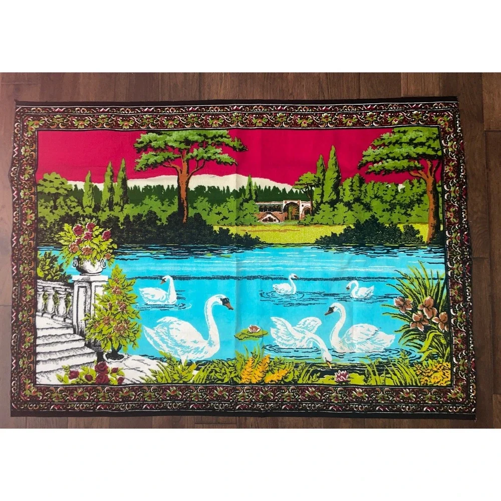 Vintage‎ Turkish Tapestry Swans Italian Pond Scene Colorful Wall Hanging 74